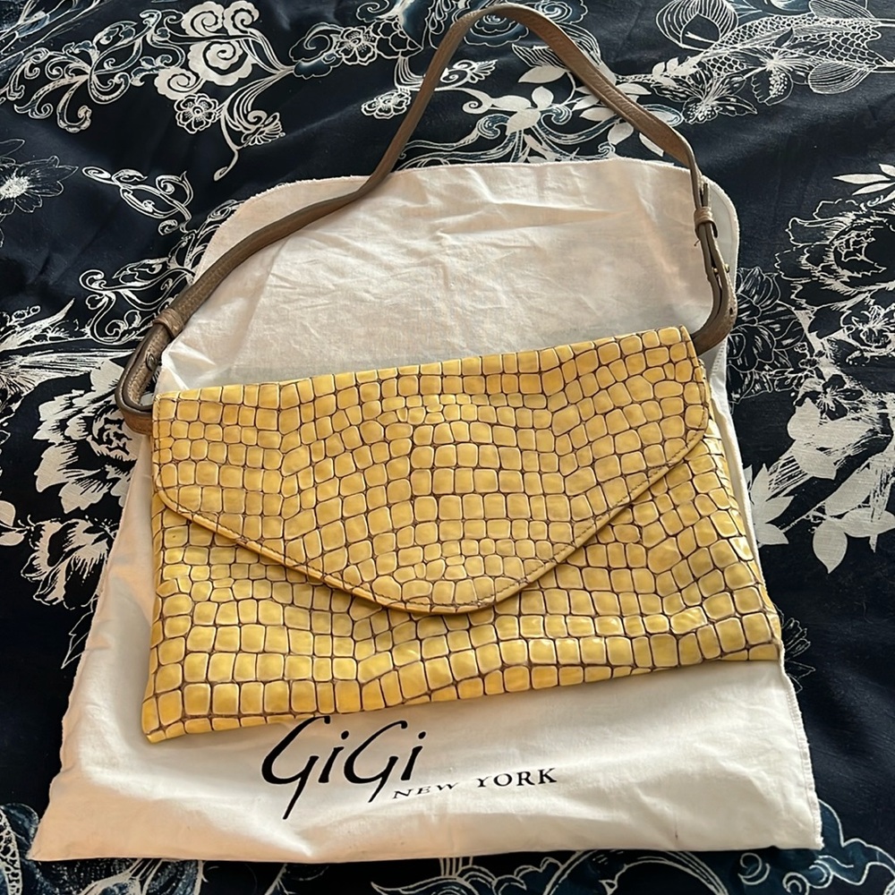Gigi New York Pale Yellow and Putty Embossed Shoulder Bag